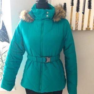 Krush brand green belted hooded puffer coat with faux fur hood